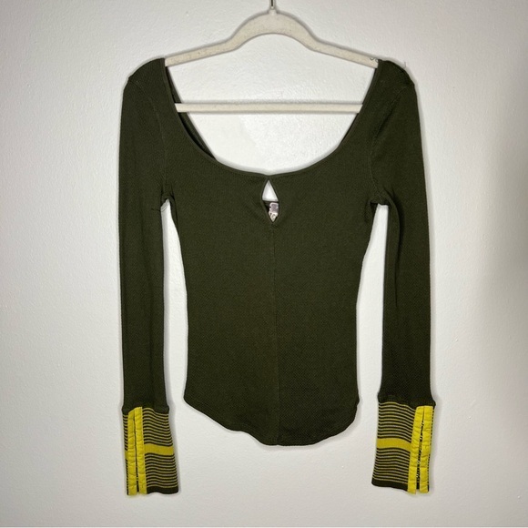 Free People OB519388 Olive Green‎ Free People Mod Stripe Cuff Ribbed Tee Top - Picture 1 of 12
